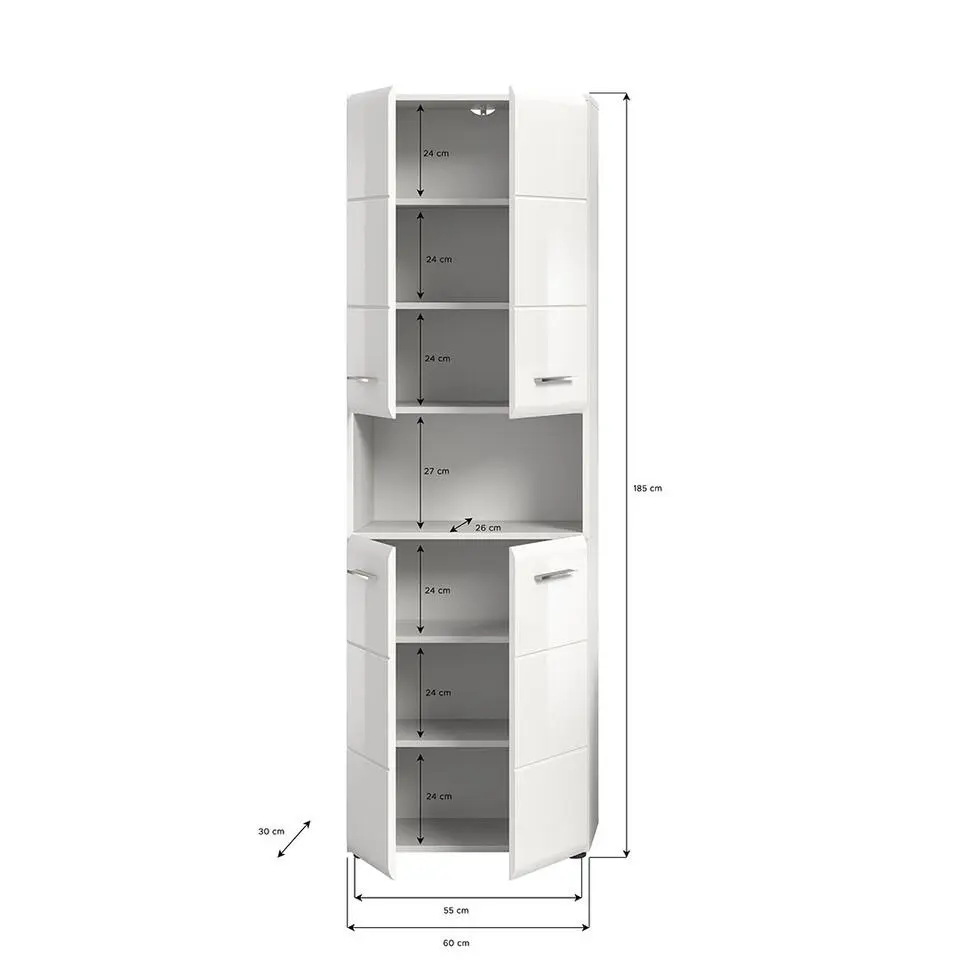 Hioshop Ice kolomkast 4 deuren 1 vak wit hoogglans