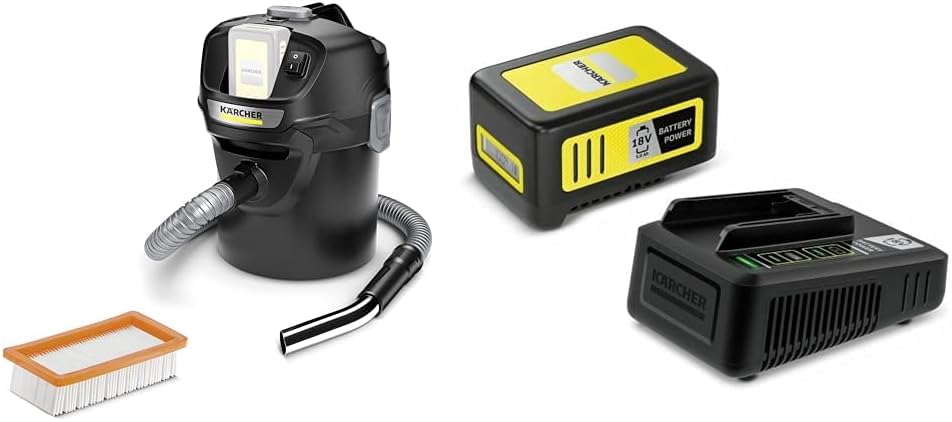 Kärcher 18 V Akku-Asche- und Trockensauger AD 2 für Kamin- und Pelletöfen, 1-teiliger Filter, Saugschlauch, 14 l, 230 W & Starter Kit 18/50, 5 Ah Akku