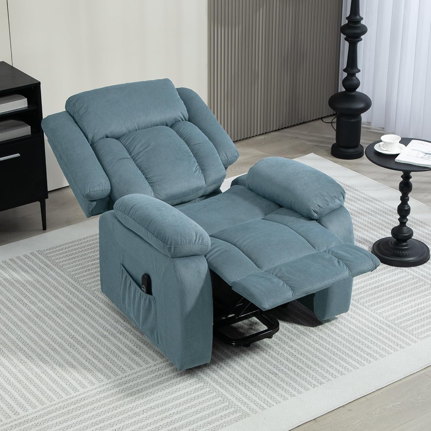HOMCOM Fernsehsessel mit Aufstehhilfe Elektrisch Relaxsessel mit Liegefunktion, Gepolstert TV-Sessel mit Fernbedienung, Federungssystem und Seitentasche, für Wohnzimmer, Samt, Blau