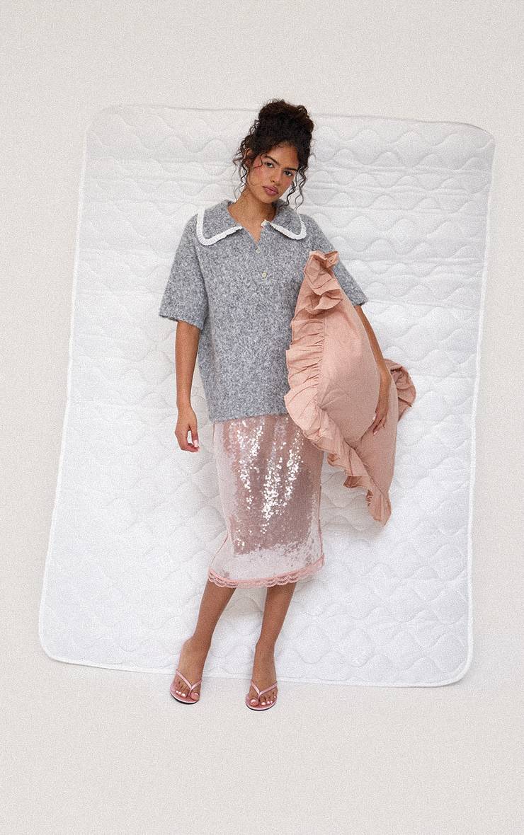 Gris Polo Tricoté En Mélange De Laine Avec Détail Festonné