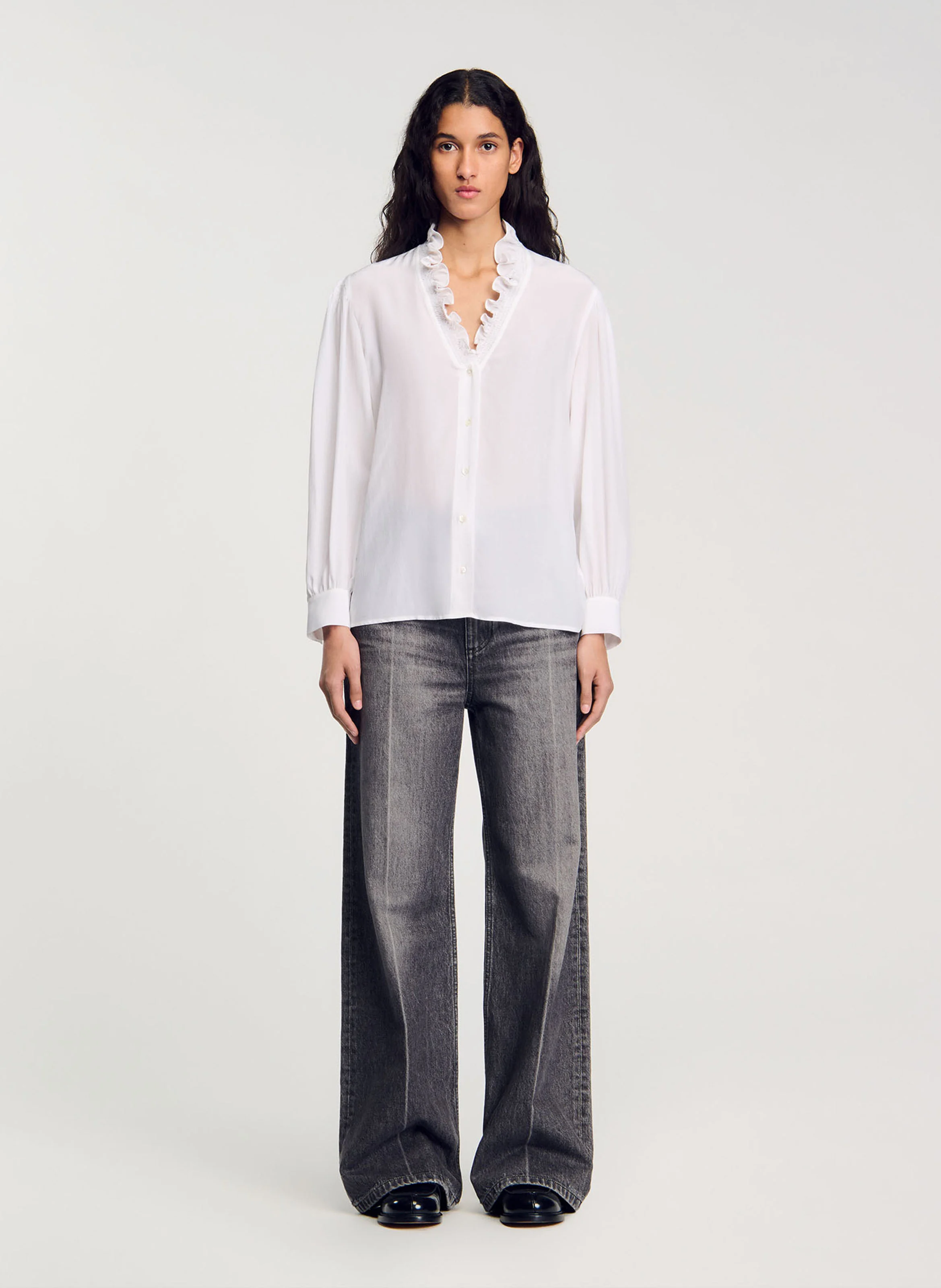 Chemise droite col V en soie | Blanc