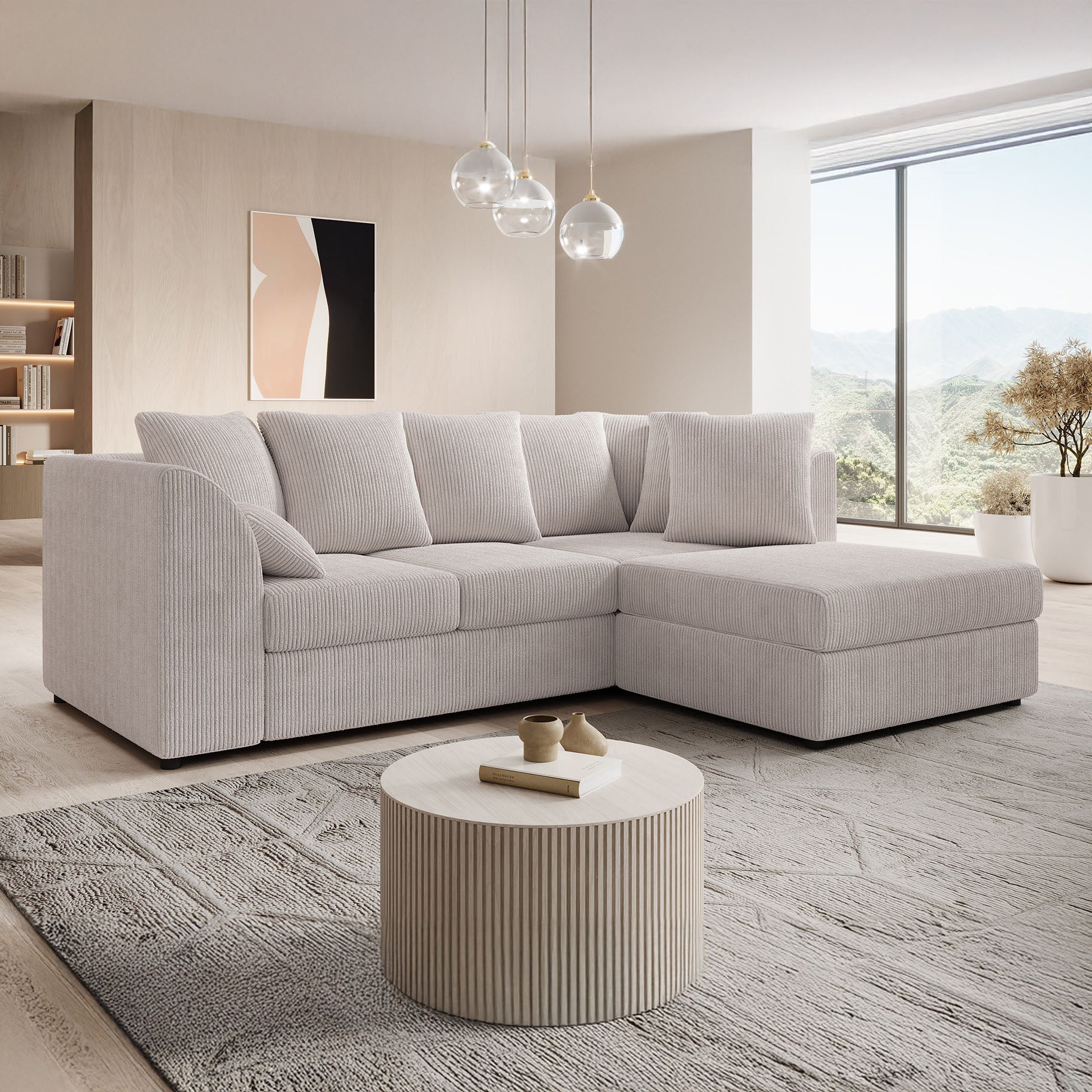 Alfort - Hoekbank 3-zits met chaise longue - Ribstof beige - Rechts