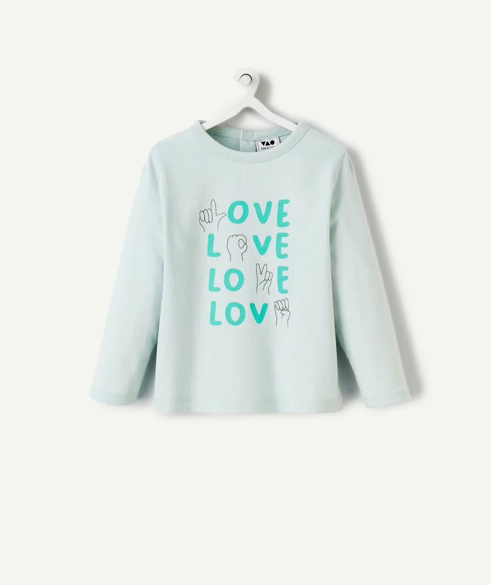 T-SHIRT BÉBÉ FILLE EN COTON BIO VERT AVEC MESSAGES ANIMÉS LOVE