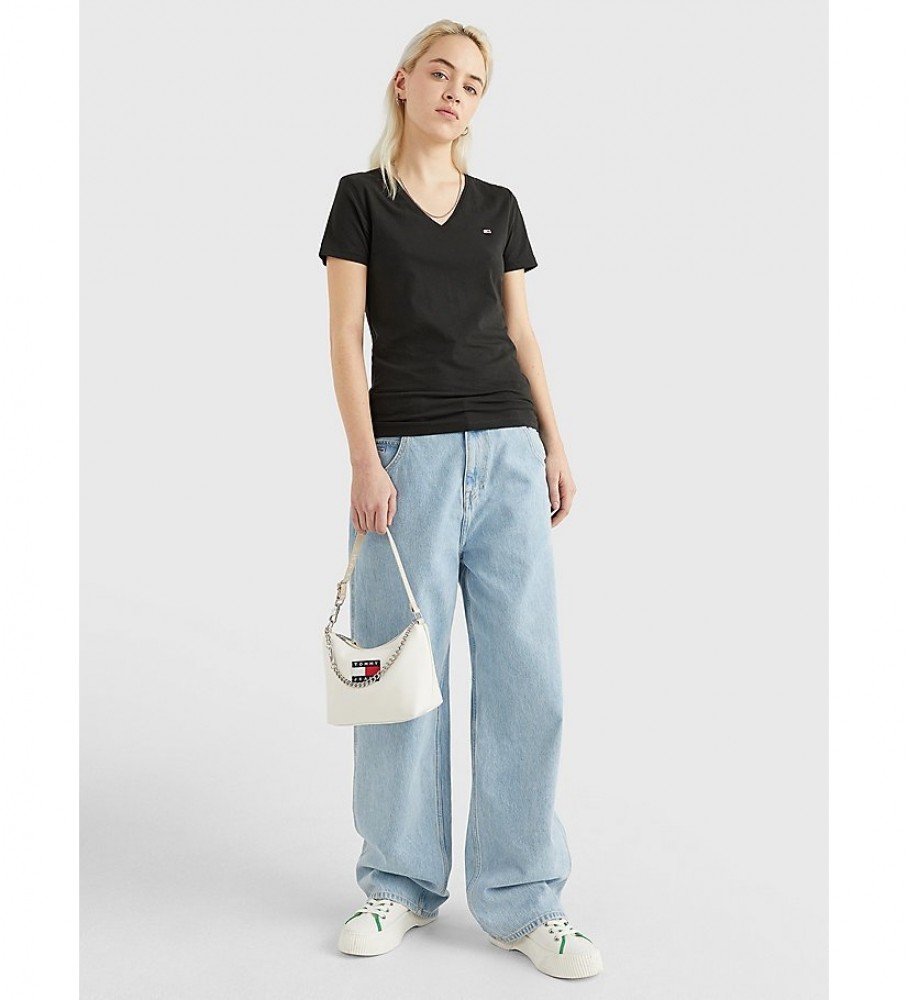 Camiseta Tommy Jeans TJW Skinny Stretch com Decote em V, Preta