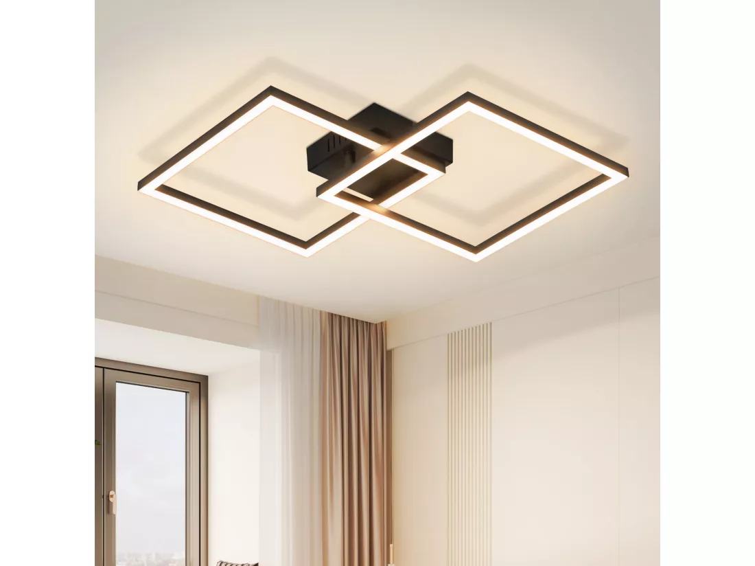 NETTLIFE Plafonnier LED plafonnier chambre 24W lampe de salon blanc chaud moderne noir carré