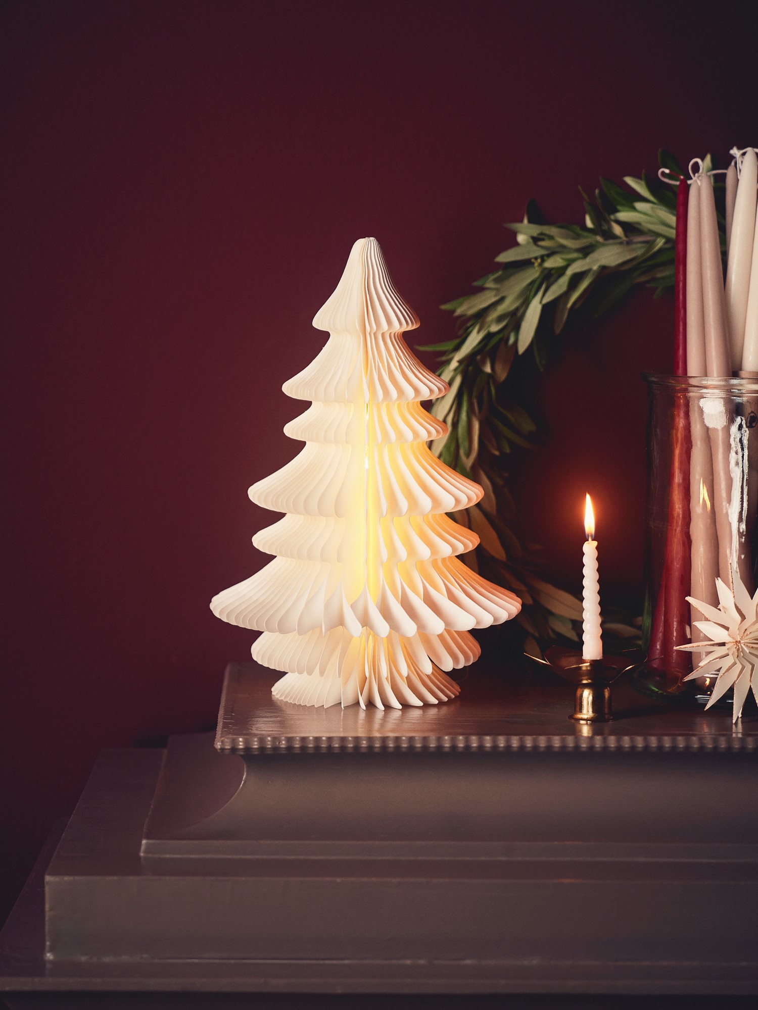 Dekorativt træ med LED-lys | Papir. 30 cm. | White