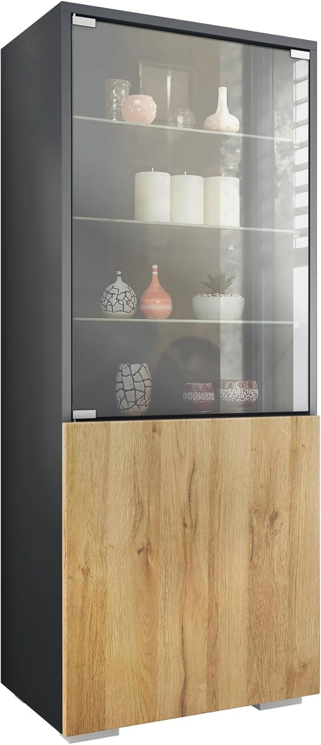Vitrine Granada, Made in Germany, Vitrinenschrank mit Glastür und Glaseinsatz, Anthrazit matt/Eiche Natur (50 x 122,5 x 34,5 cm)