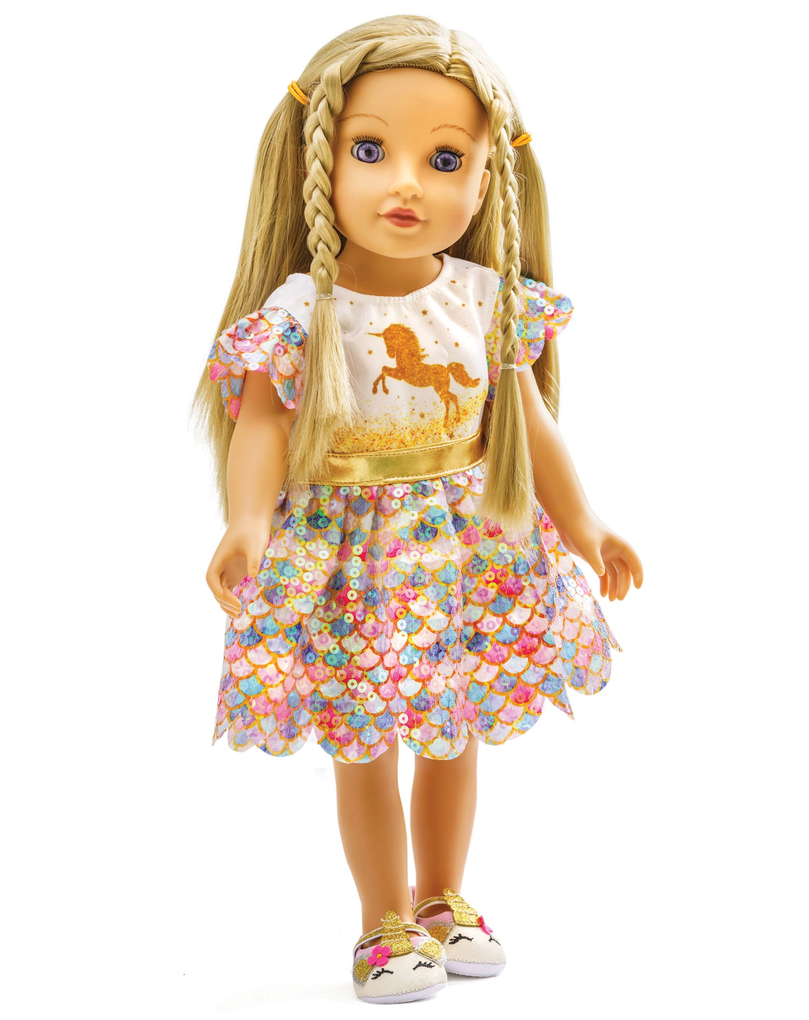 Puppenkleid GLITZER EINHORN GOLDY (35-45 cm) in bunt