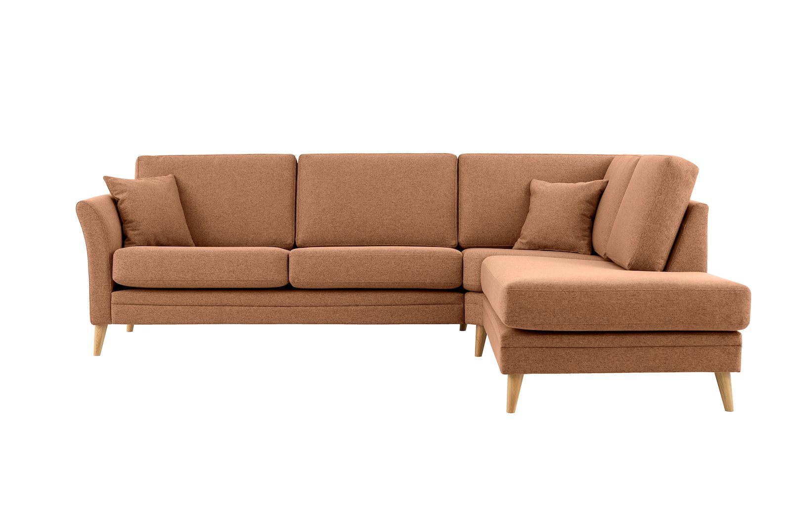 Eden hjørnesofa 2,5-seter med åpen ende høyre. Tekstil Neve 31 Brick med ben i eik natur (15137).
