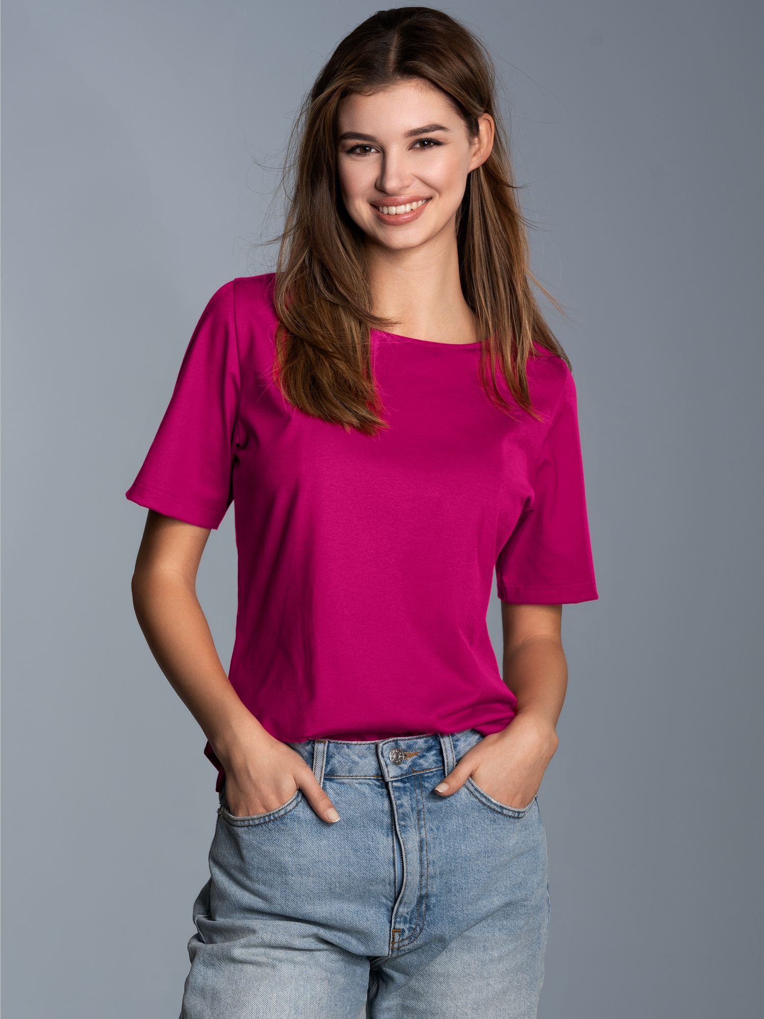 T-Shirt DELUXE Baumwolle mit Kristallsteinen Magenta