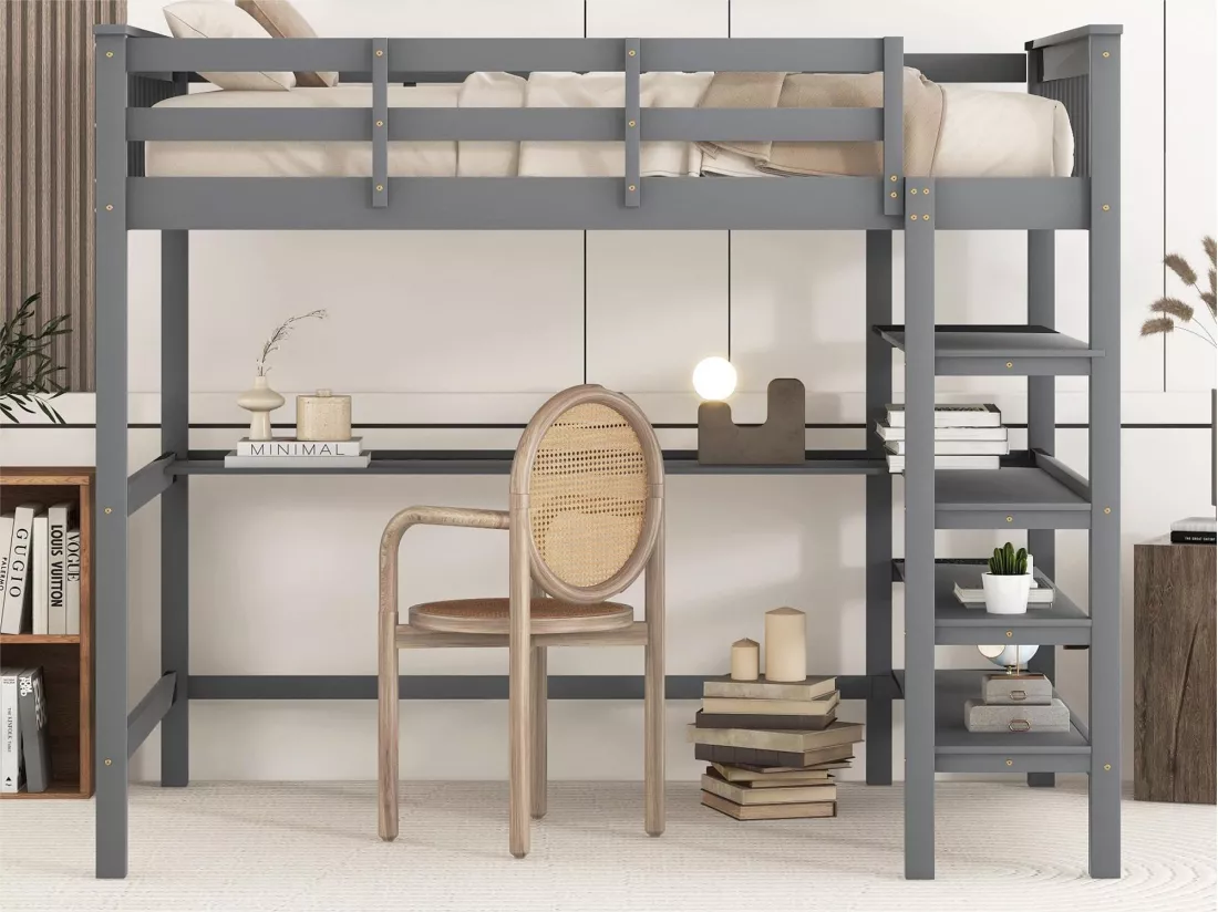 Lit mezzanine 140 x 200 cm - bureau + étagères de rangement - pin et MDF - gris