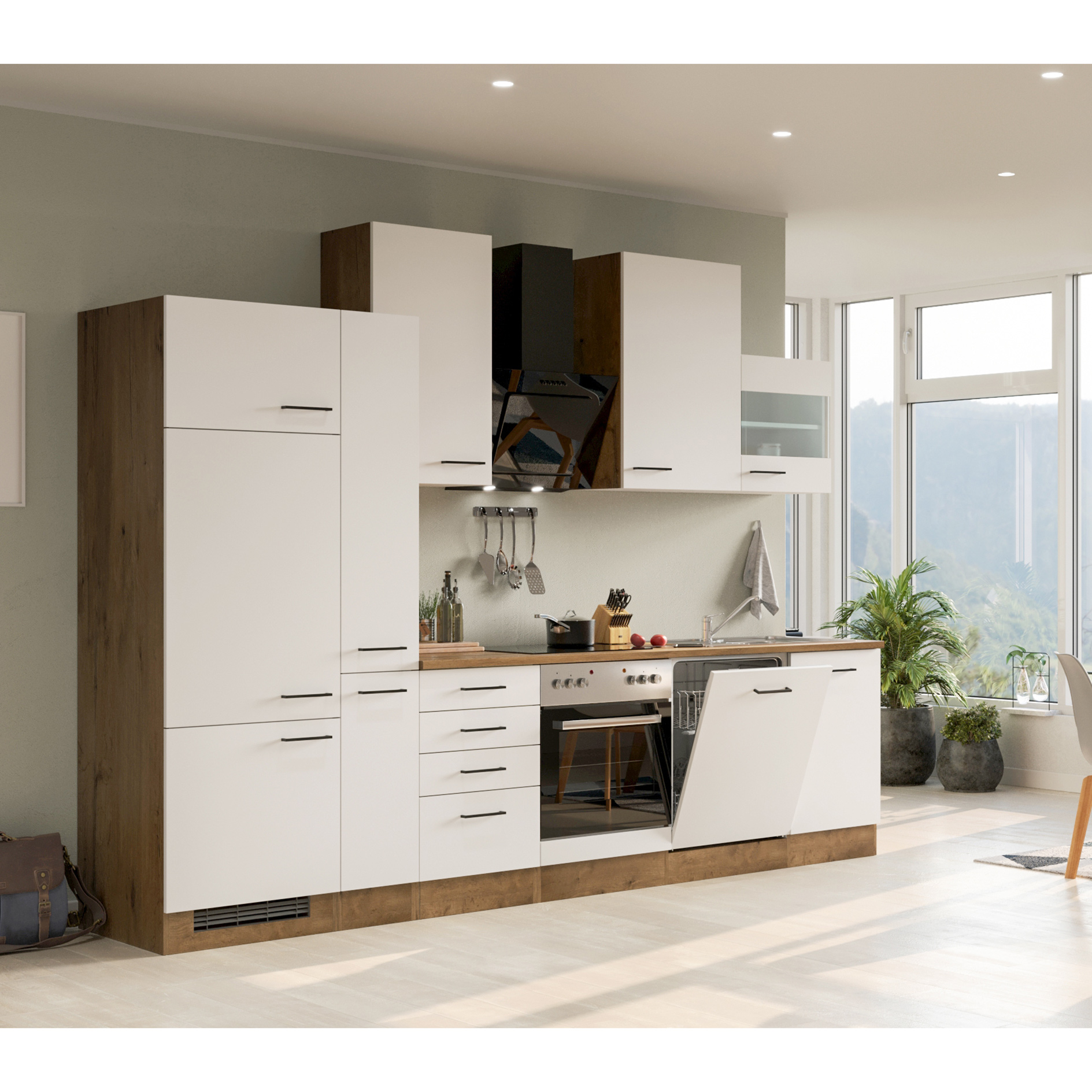 Küchenblock VINTEA - Magnolia matt - Lancelot Oak - mit E-Geräten - 310 cm
