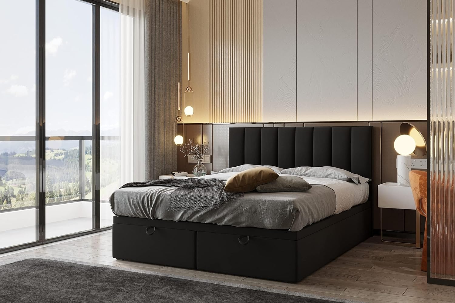 TRADA Boxspringbett Bond - Bett mit Matratze und Bettkasten - Boxspringbett mit gestepptes Kopfteil - Double Bed fur Schlafzimmer - Schwarz - 160 x 200 cm