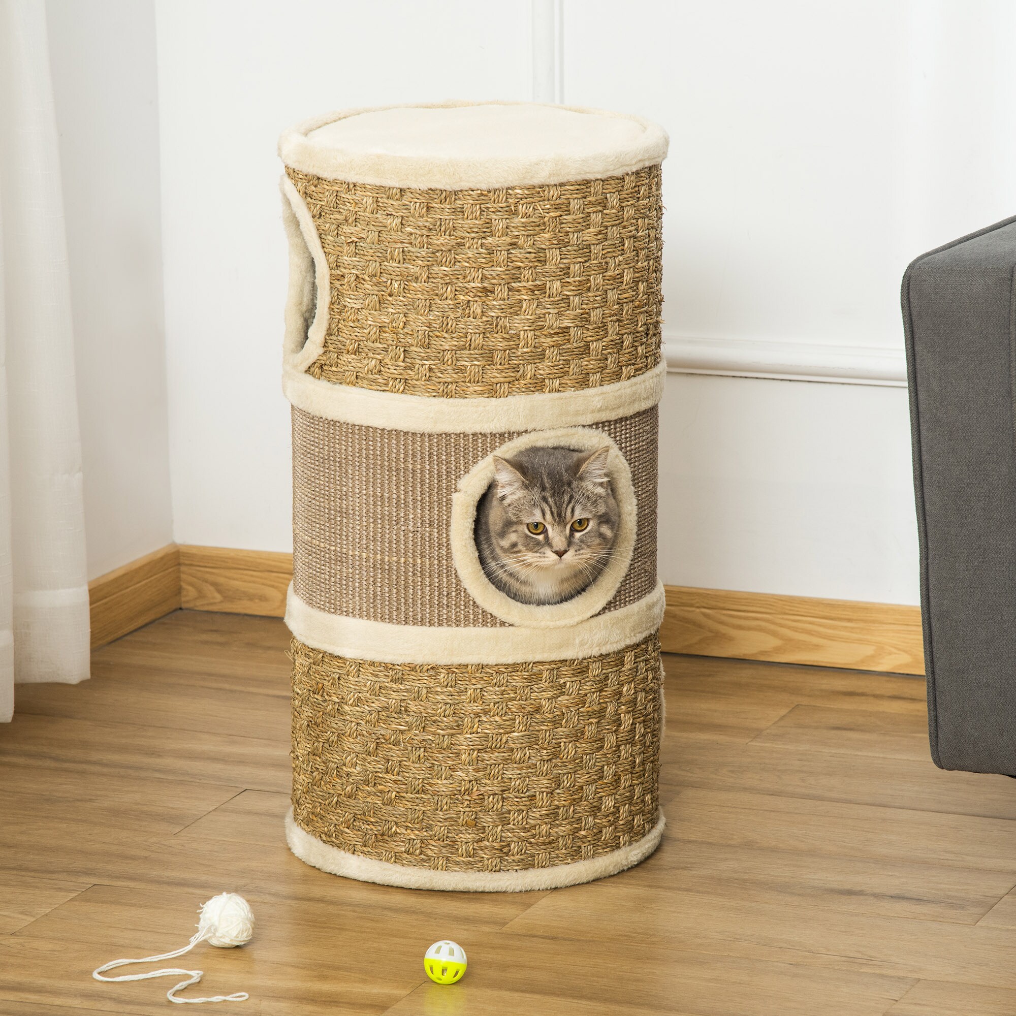 PawHut Katzenkratzturm 3 Stockwerke, Kratzbaum Khaki, Braun 37,5 x 37,5 x 70 cm (LxBxH)