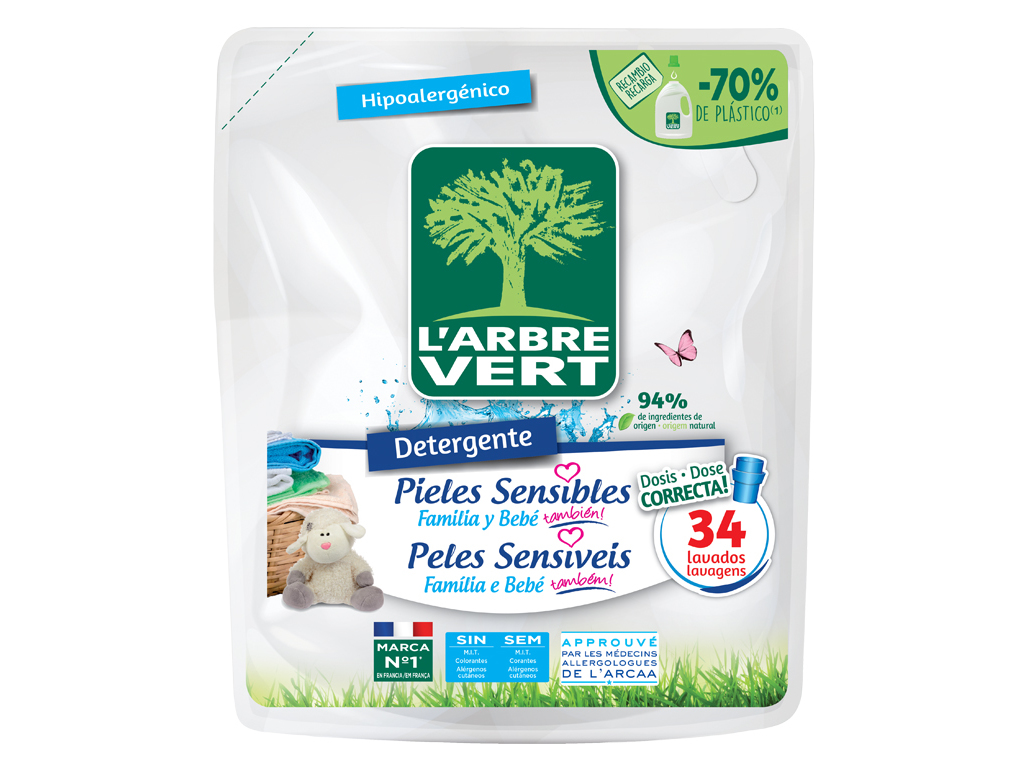 DETERGENTE ROUPA MÁQUINA LIQUIDO L'ARBRE VERT RECARGA PELES SENSIVEIS 34DOSES