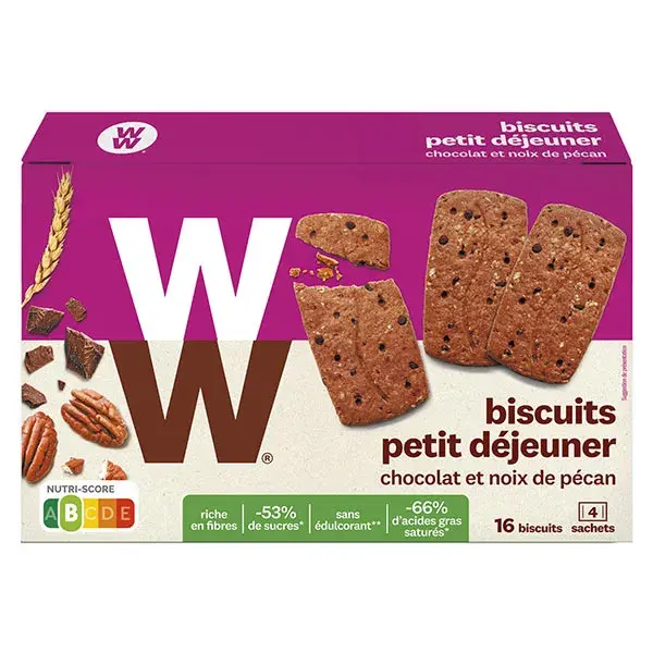 Biscoitos Weight Watchers de Chocolate e Nozes Pecã, Ricos em Fibras, Caixa com 4 Sachês com 4 Biscoitos cada