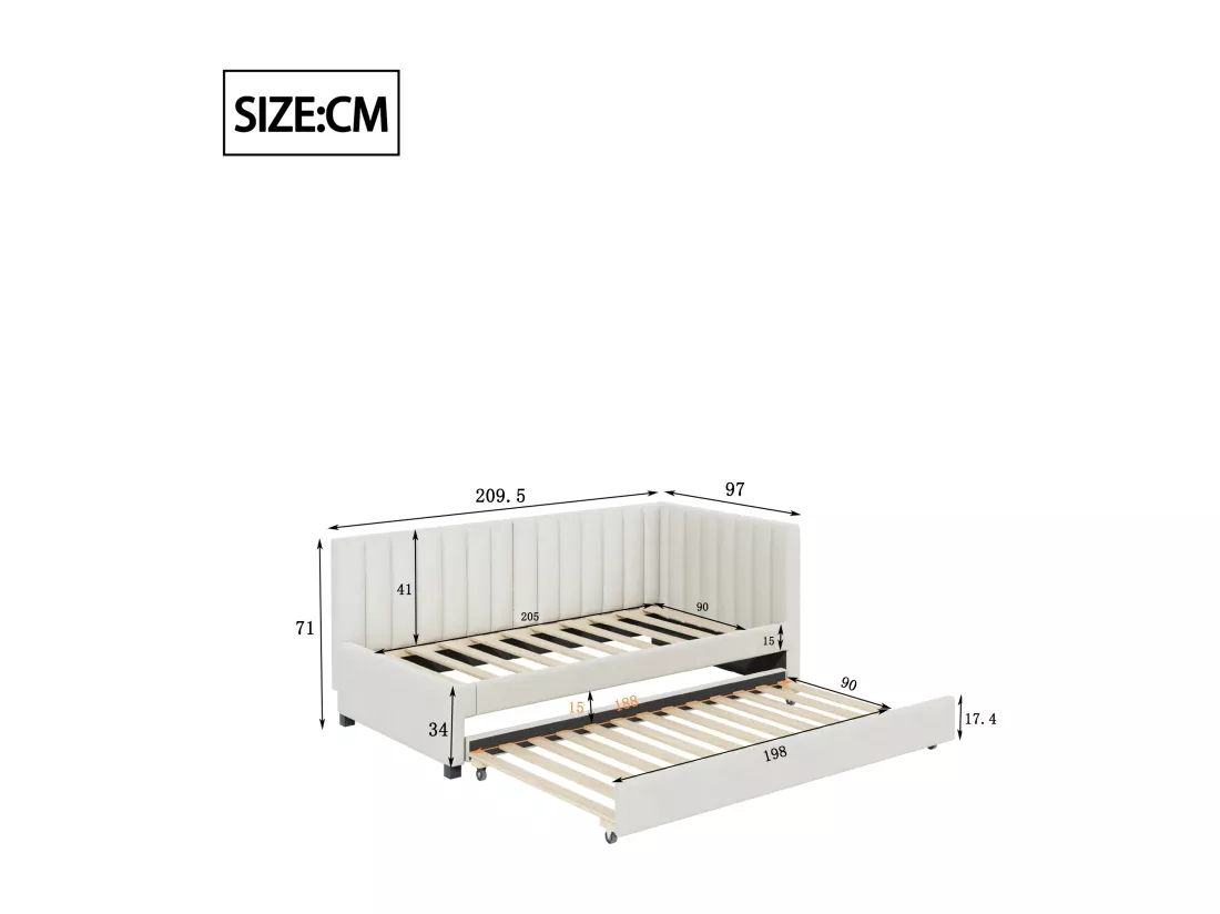 Lit gigogne 90 x 190/200 cm - canapé lit en velours - sommier à lattes - beige