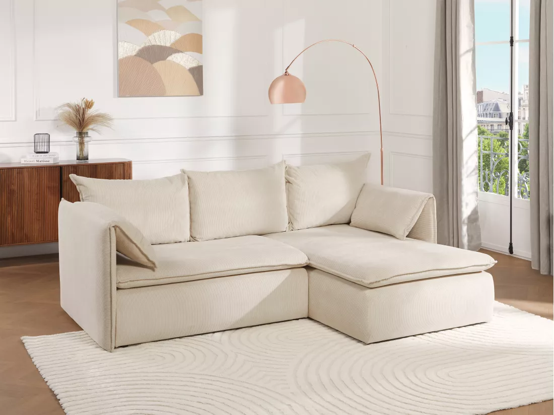 Canapé d'angle droit convertible en velours côtelé beige TEODORA