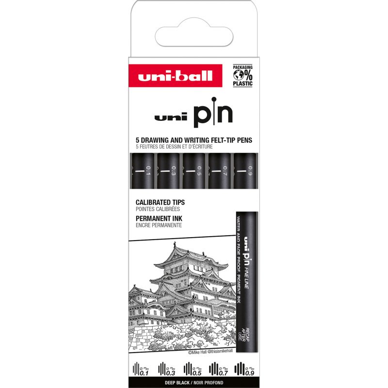 Stylo feutre Uni Ball à capuchon pointe calibrées assorties - Pochette de 5