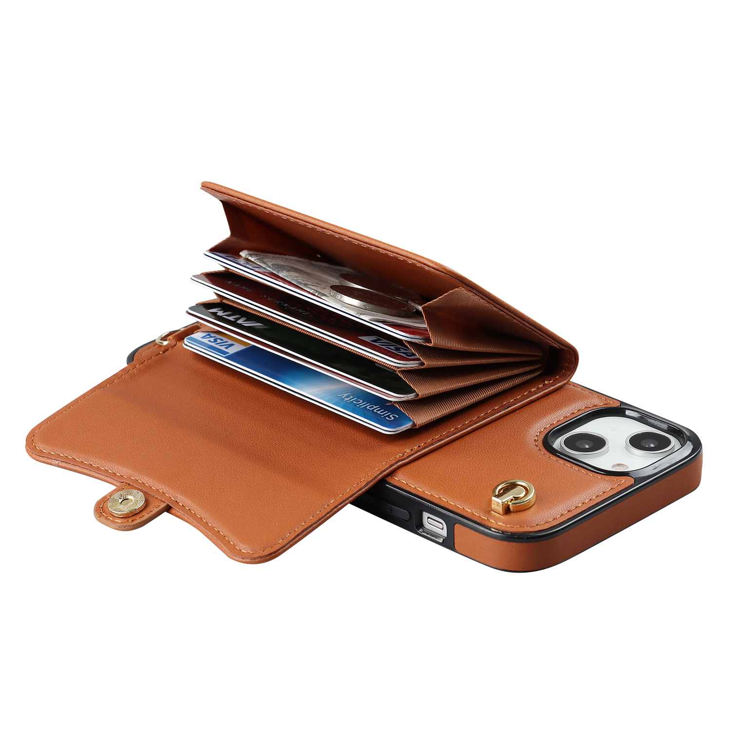 iPhone 14 / iPhone 13 Necklace Leder Schutz Hülle mit Kartenfach   Handykette (140cm) - Braun
