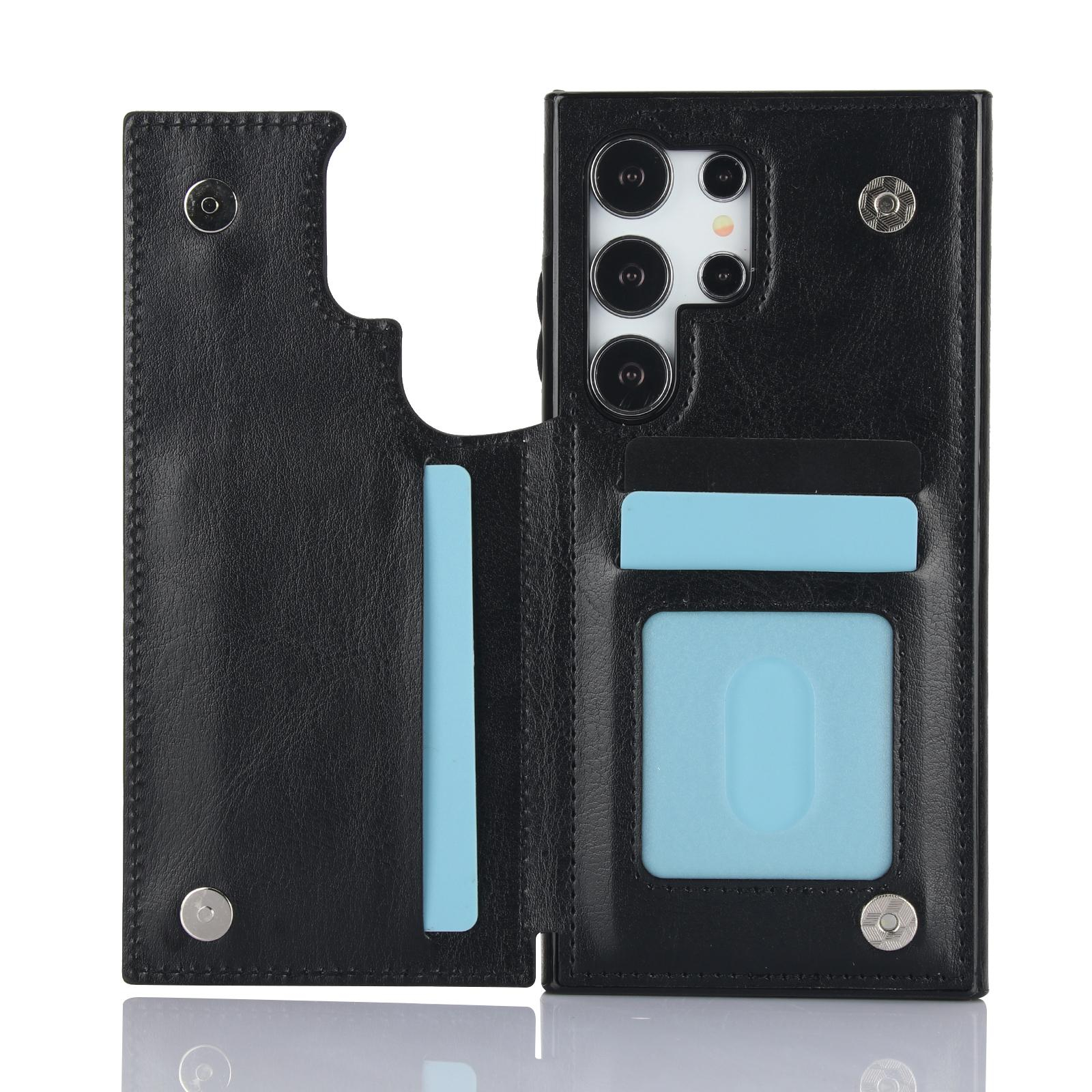 Samsung Galaxy S24 Ultra Hybrid Leder Hülle mit Kartenfach   Kickstand Aufsteller - Schwarz