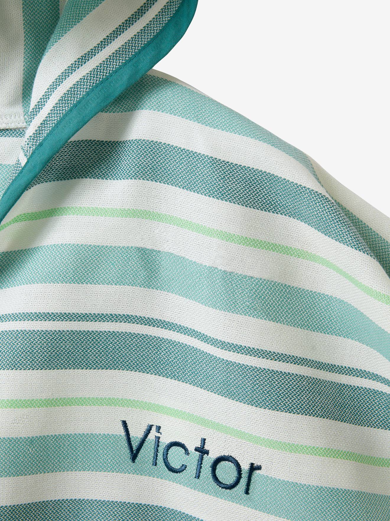 Poncho infantil estilo Fouta, listrado e com listras azuis personalizáveis.