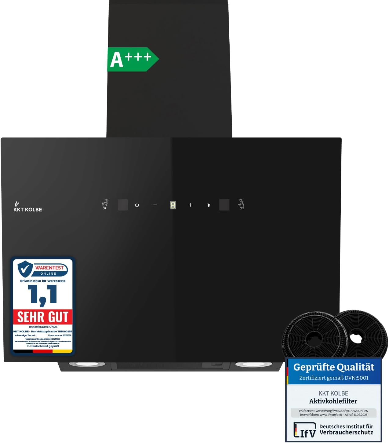 KKT KOLBE Dunstabzugshaube 60cm | Umluft Abluft | 782cbm/h | Wandhauben Kopffrei | Schwarz | Glas | Gestensteuerung | SensorTouch Bedienung | LED-Beleuchtung | TRIO6025S