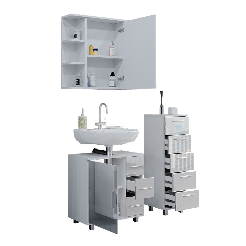 Vicco Badmöbelset Ilias Weiß Hochglanz modern Badezimmer Schrank Badschrank Waschtischunterschrank Spiegelschrank Midischrank Schranktür Schrankschublade Schrankfach Ablage Aufbewahrung