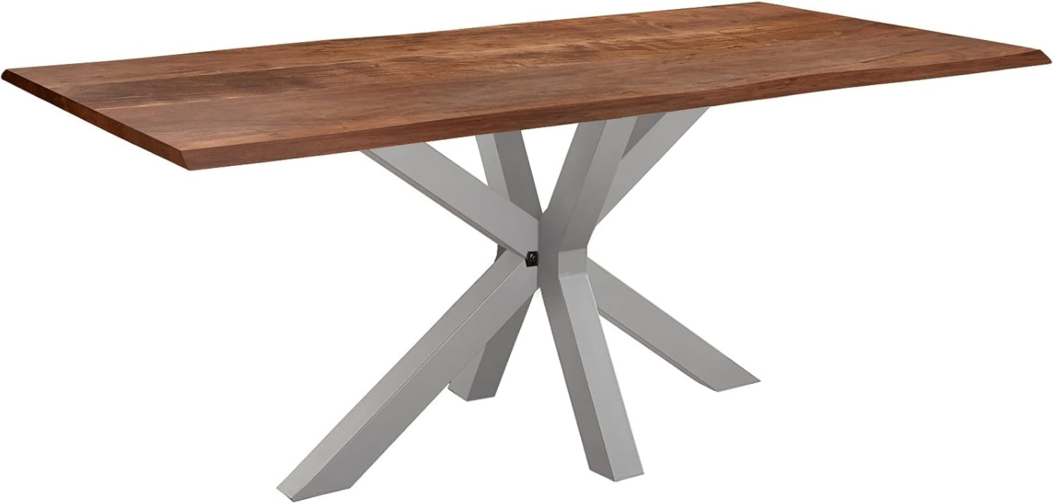 SAM Baumkantentisch 220 x 100 cm Spyro, Akazienholz nussbaumfarben & massiv, Esszimmertisch mit silbernem Spider-Metallgestell, Platte 26 mm