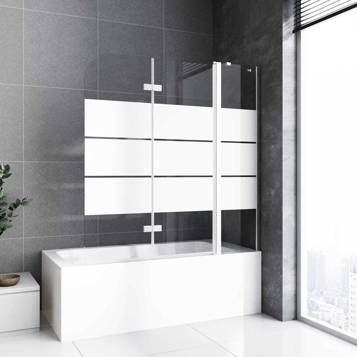 Duschwand für Badewanne mit Stabilisator und Festteil 2 teilig faltbar 140 x 140 cm Gestreift Badewannenfaltwand Duschtrennwand 6mm Nano Glas Duschabtrennung Badewanne
