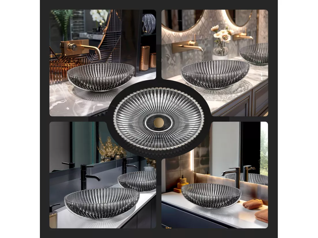 EMKE Vasque à Poser Ovale, 510 x 350 x 150 mm, Lavabo en Verre Noir, Design Montage sur Comptoir
