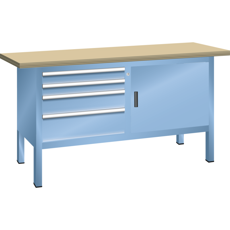 Lista - Établi compact plateau 150 x 70 cm - 1 porte battante - 2 rayons - 4 tiroirs