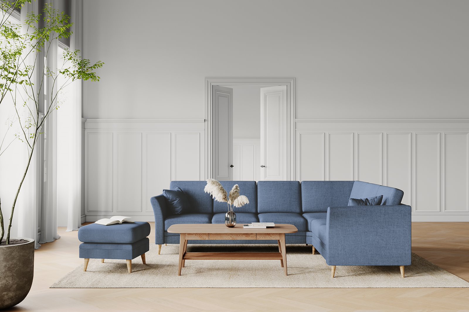 Eden hjørnesofa 32 hjørne i tekstil Thor 16/1 Light Blue med ben i eik natur 15137