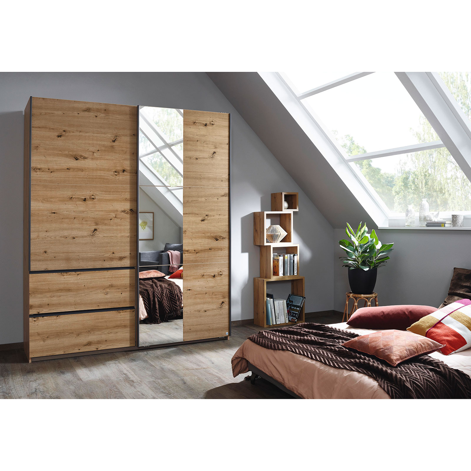 Schwebetürenschrank - Eiche Artisan - mit Spiegel - 175 cm