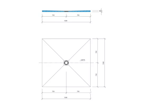 Receveur de douche à carreler 150 x 150 WEDI Fundo Primo carré écoulement centrée + bonde horizontale + kit d'étanchéité