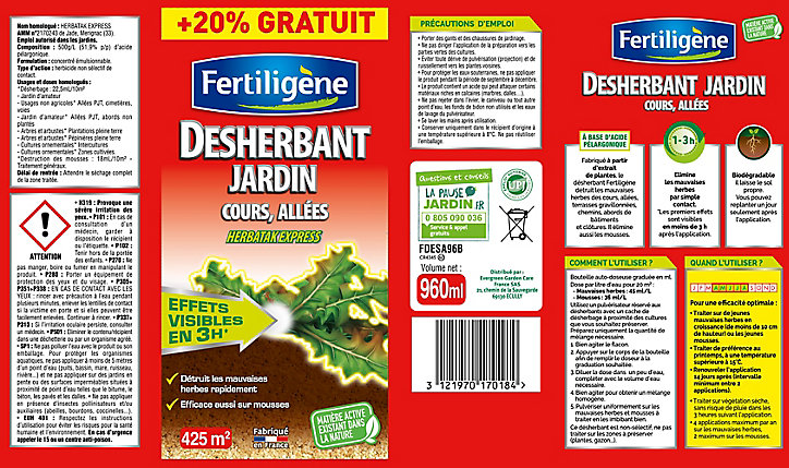 Désherbant jardin cours, allées Fertiligene concentré 800ml + 20% gratuit