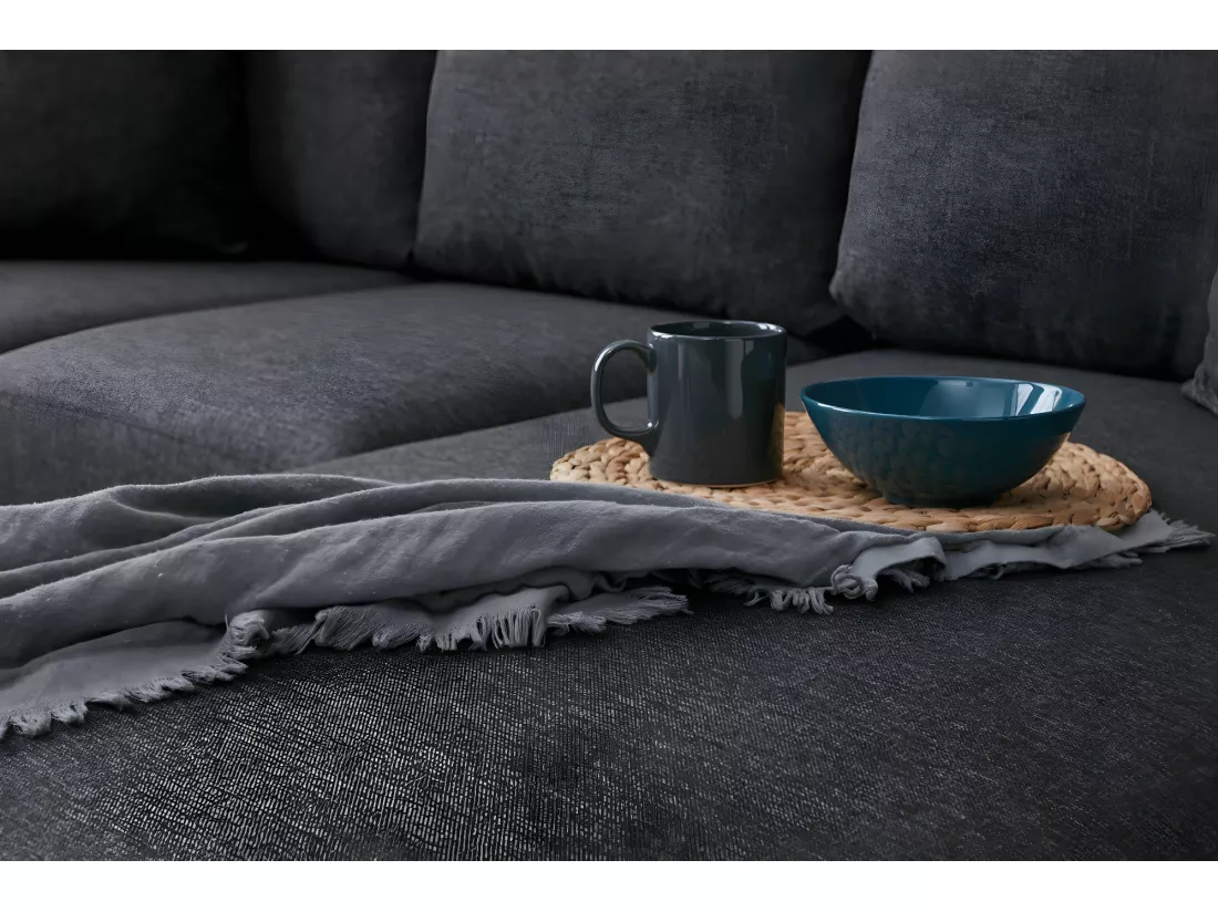 Canapé d'angle à gauche convertible avec pouf-coffre Evania Tissu Gris anthracite