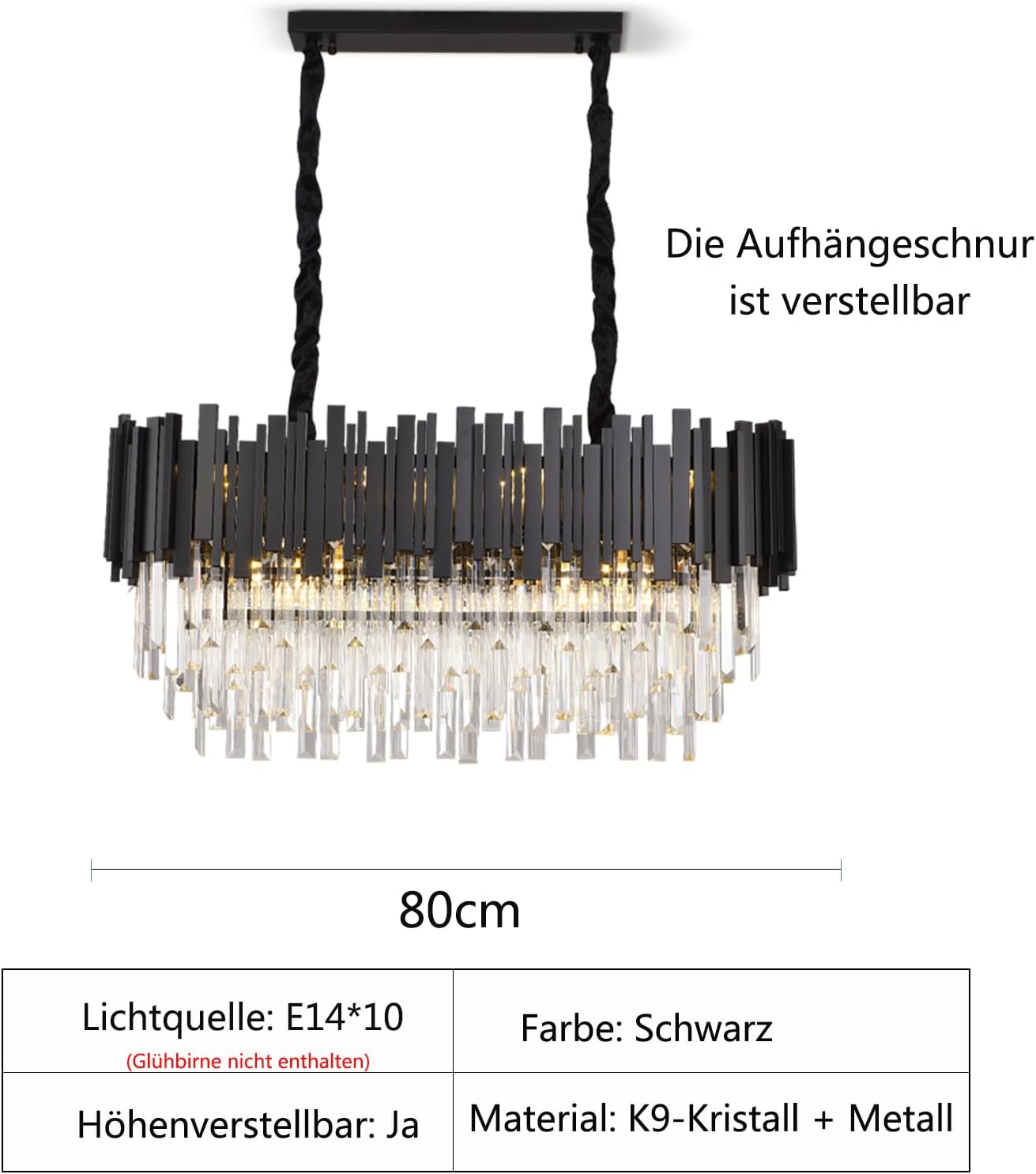 Modern Kronleuchter Kristall Leuchte,Luxus Hängeleuchte Kristall Lampe,Quadratischen Kronleuchte,10xE14 Lichter für Esszimmer, Küche, Wohnzimmer, Schlafzimmer, Flur, Café,Bar(80*30 Cm Schwarz)