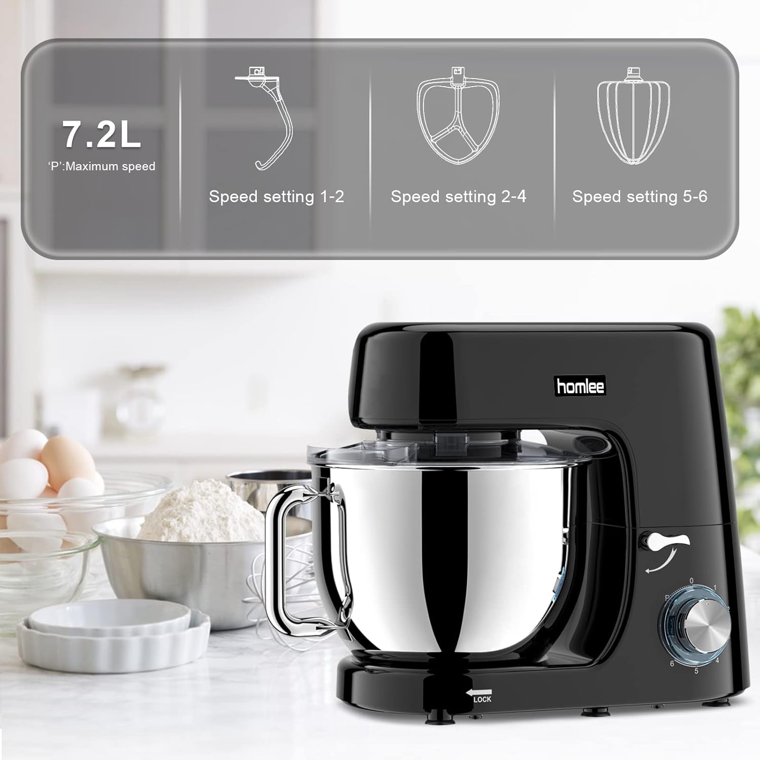Robot Patissier Homlee 1800W 7,2L Professionnel Robot Ptissier Petrin Multifonctions Robot Cuisine Faible Bruit Batteur sur Socle avec Bol en Acier Inoxydable,Fouet,Batteur,Crochet,6 Vitesses
