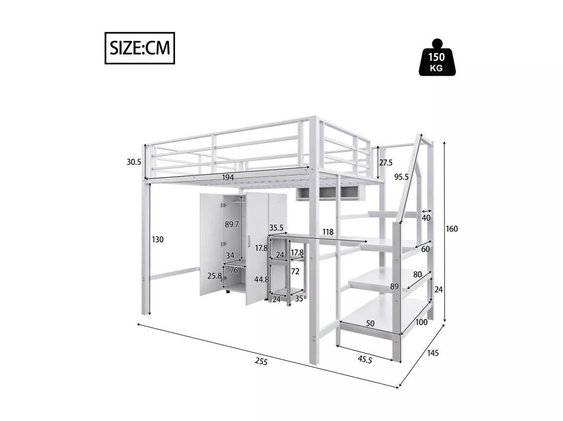 Lit mezzanine 140x200 cm en métal - avec bureau、penderie et échelle de rangement - Blanc