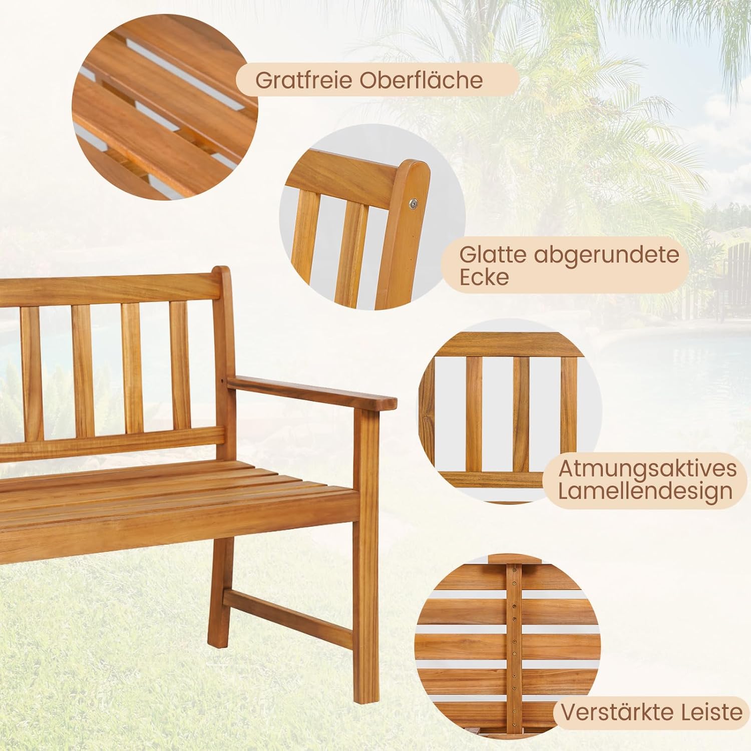 COSTWAY Gartenbank Holz, Holzbank wetterfest, 2-Sitzer Sitzbank aus Akazienholz, Balkonbank bis 360 kg belastbar, Terrassenbank, Parkbank für Terrasse, Balkon, Garten