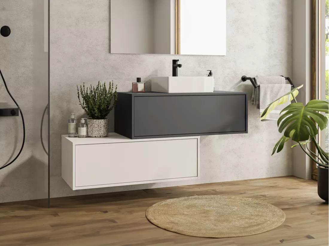 Meuble de salle de bain suspendu gris anthracite et blanc avec simple vasque carrée et deux tiroirs - 94 cm - TEANA II
