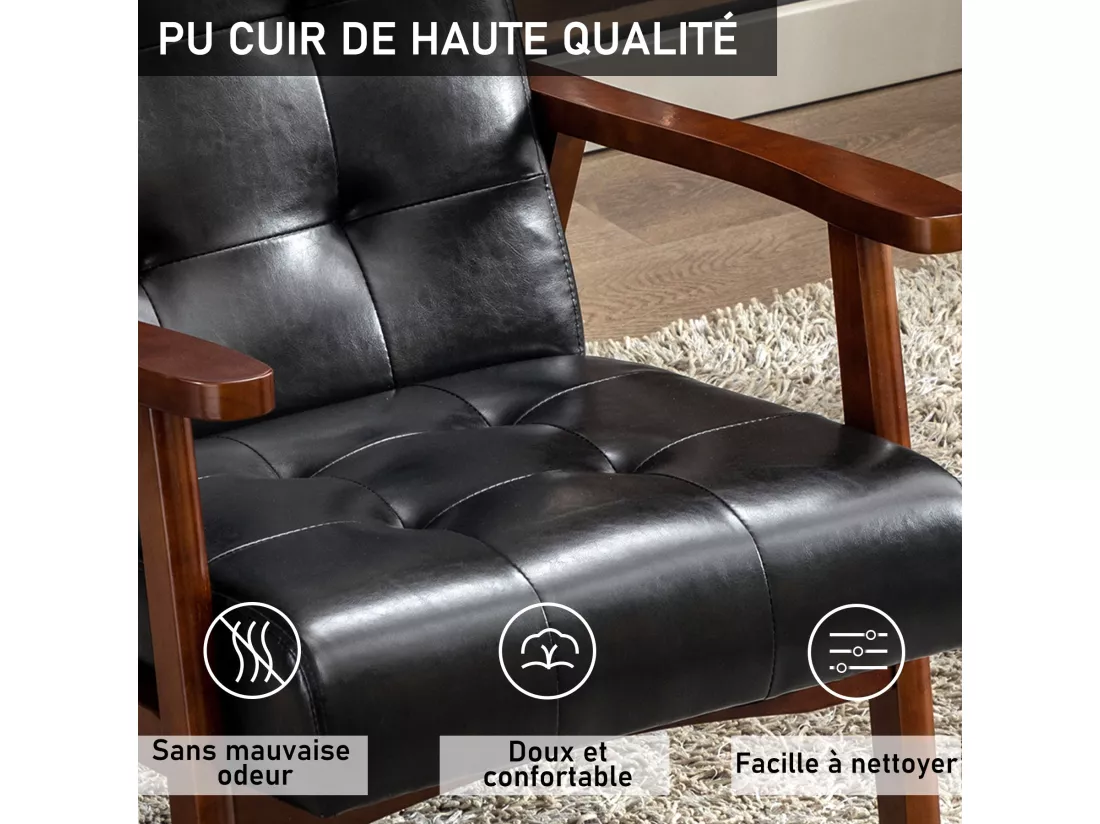Fauteuil Médiéval Chaise Vintage en Similicuir Tufté avec Accoudoirs en Bois, Style Vintage, Tapissé en Bois Dur, Noir