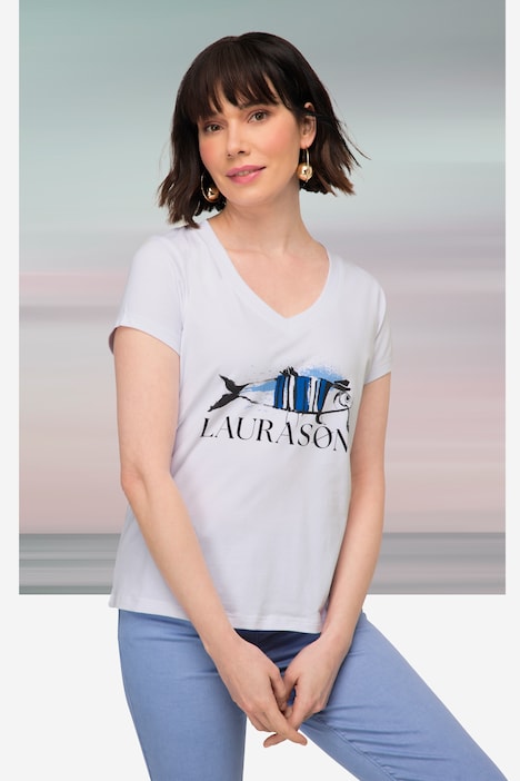 T-Shirt, Fisch Motiv, V-Ausschnitt, Halbarm