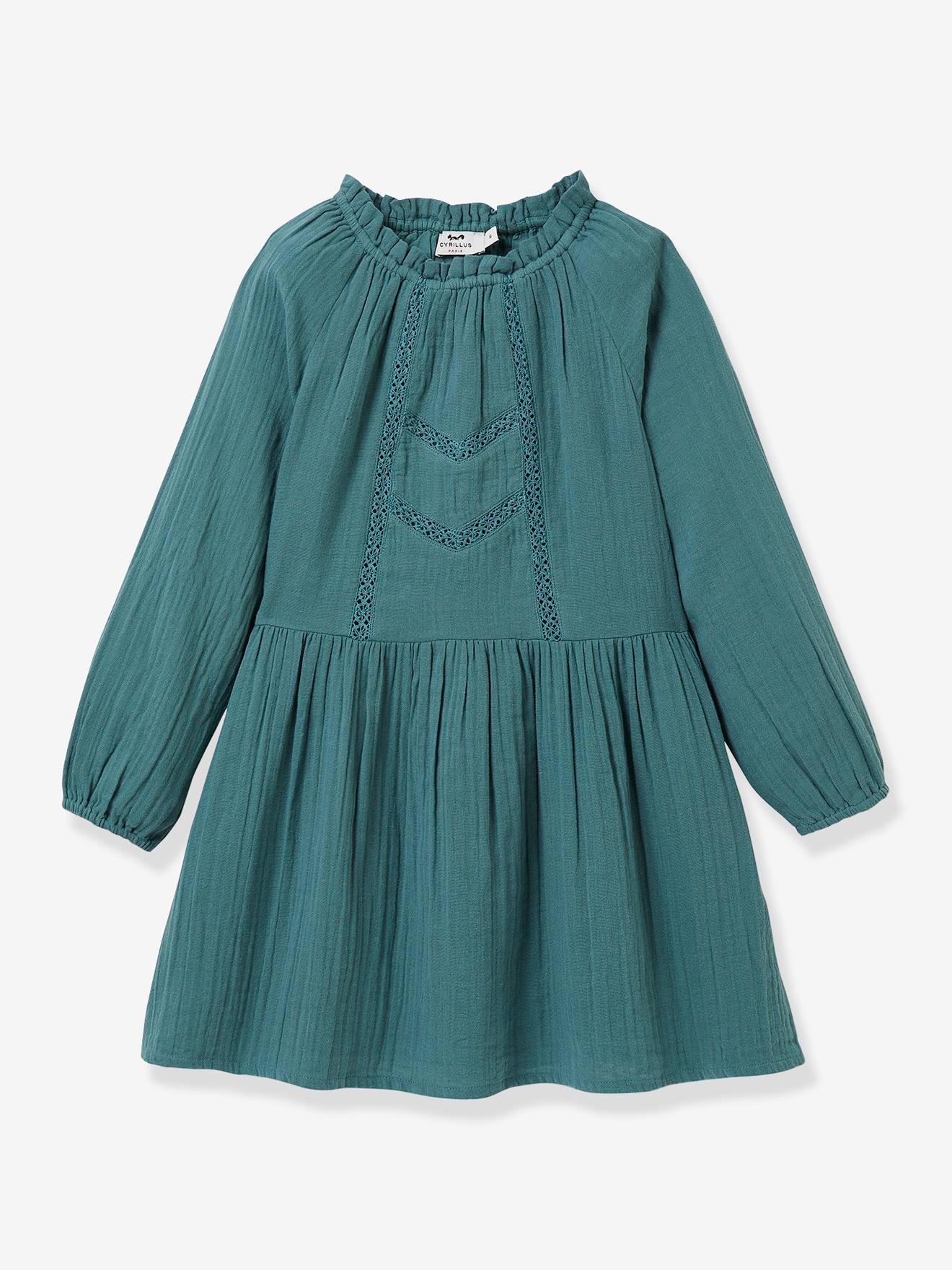 Vestido infantil CYRILLUS em chiffon de algodão com gola alta, verde salgueiro.