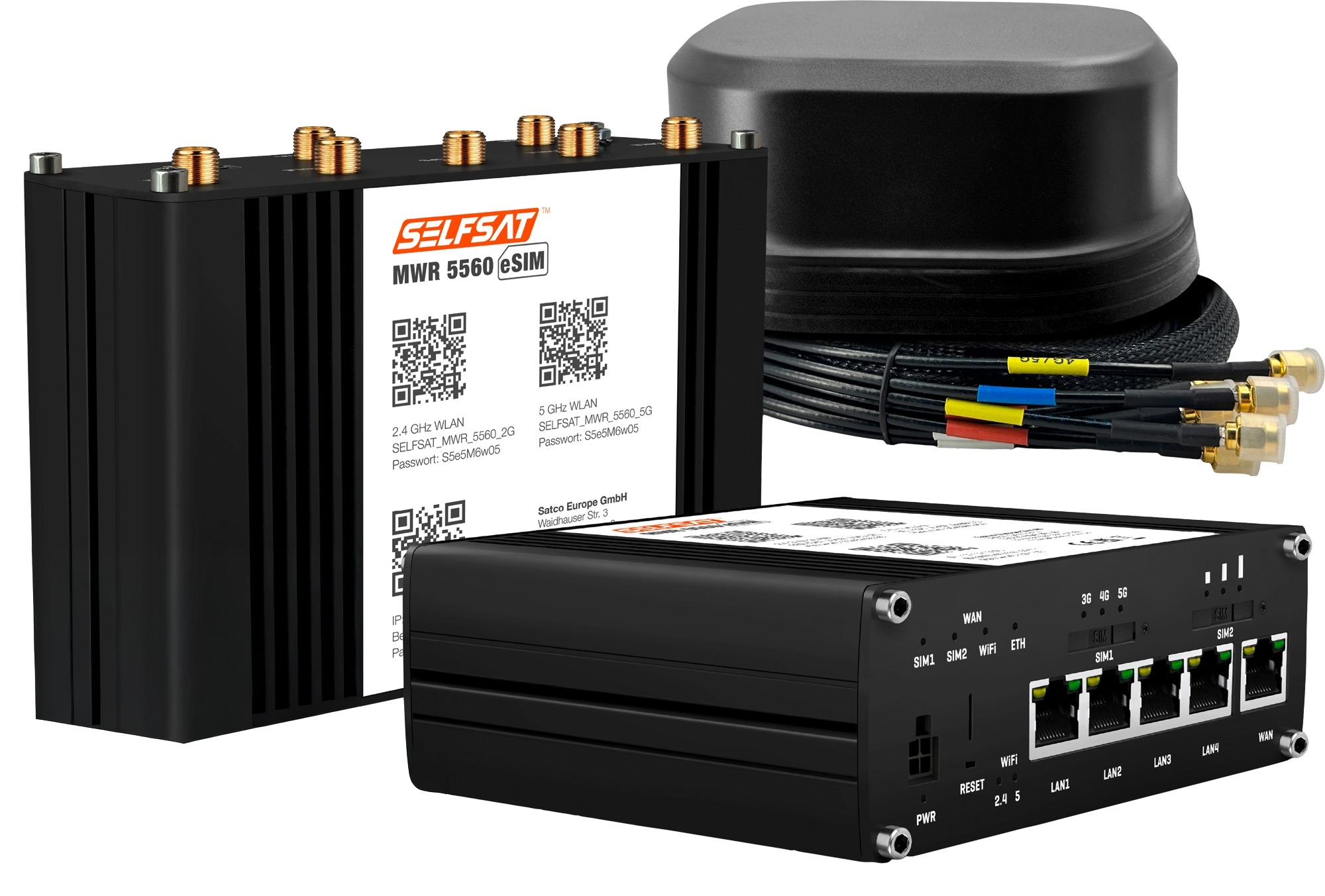 SELFSAT MWR 5560 WLAN Router eSIM 5G Cat 20  bis 3,4 Gbps inklusive SATCO 5G Antenne schwarz