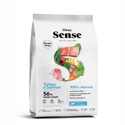 Ração Dibaq Sense Grain Free para filhotes, sabor salmão e peru.