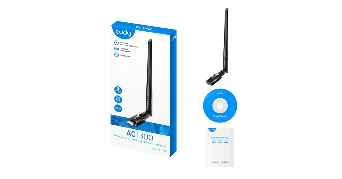 CudyAC1300 Wi-Fi High-Gain USB wlan adapter  (Zwart)