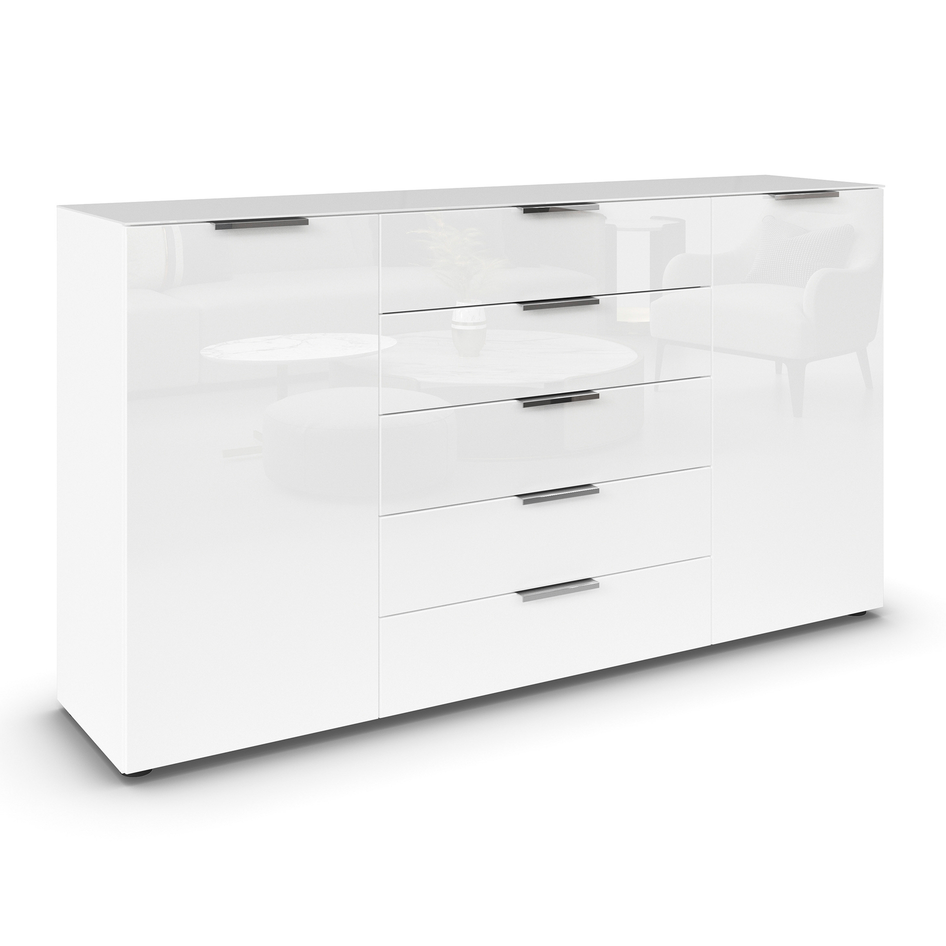 Kommode - alpinweiß-Kristallweißglas - Chromgriffe - 180 cm