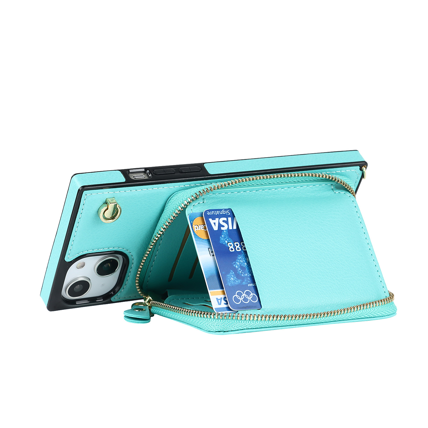 iPhone 15 Necklace Leder Schutz Hülle mit Kartenfächer   Handykette (140cm) - Türkis